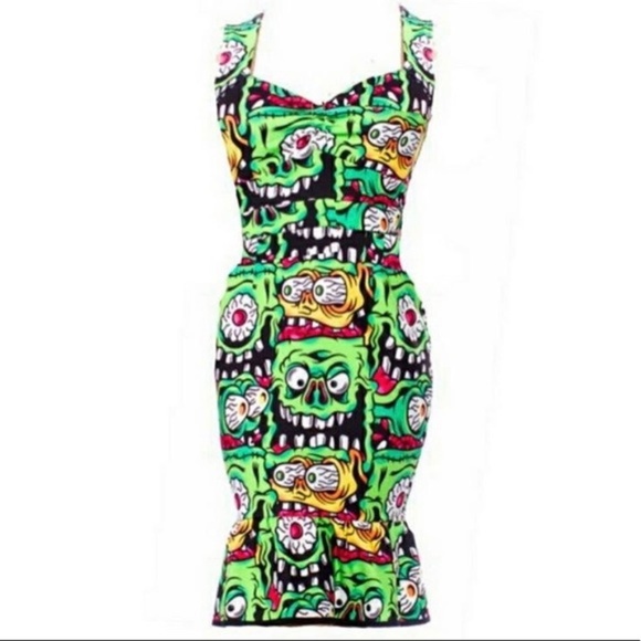 NWOT Sourpuss Zany Fink Faces Green Monster Dress - Picture 4 of 4